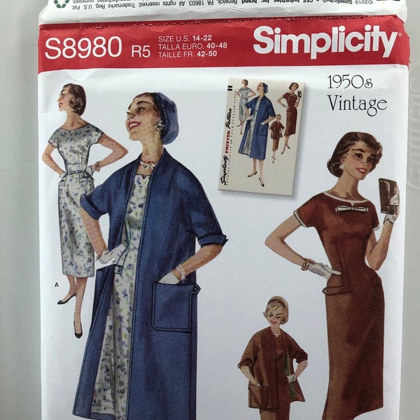 Simplicity S8980 size 14 16 18 20 22 sewing pattern from 1950s vintage pattern, NEW UNCUT, dress coat lined jacket short sleeves 3/4 sleeve