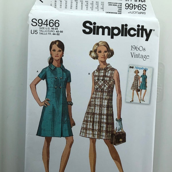 Simplicity S9466 size 16 18 20 22 24 sewing pattern dress coat frm 1960s vintage pattern NEW UNCUT double breasted  high waisted woven knit