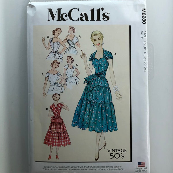 McCall’s M8280 size 16 18 20 22 24 sewing pattern from 1950s vintage pattern NEW UNCUT dress tiers, featherbone stays, average ability belt