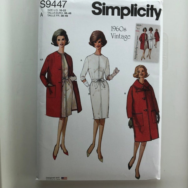 Simplicity S9447 size 10 12 14 16 18 20 22 sewing pattern frm 1960s vintage pattern NEW UNCUT dress coat scarf Jackie Onassis Kennedy style