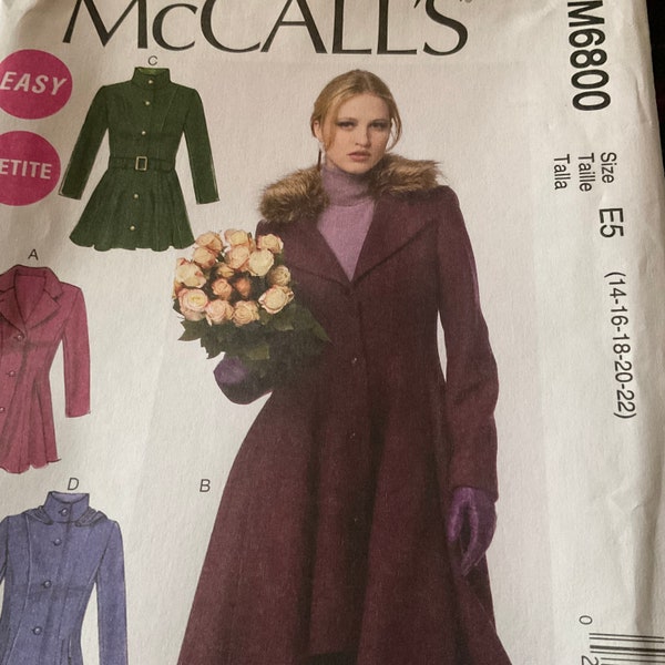 EASY PETITE McCall’s M6800 14 16 18 20 22 Misses/Miss Lined Coats Detachable collar hood Fit and Flared shaped hem New UNCUT Sewing Pattern