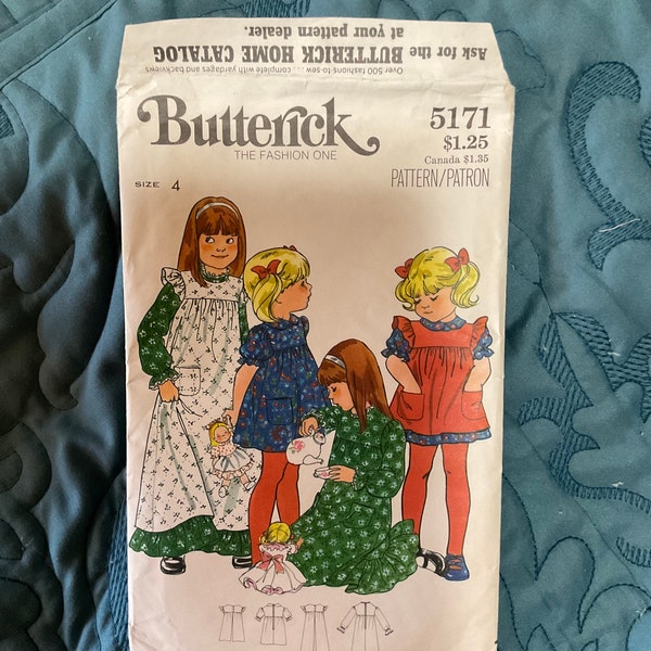 Butterick 5171 UNCUT 70s VINTAGE Size 4 Girls Short or Long Dress and Pinafore Sewing PATTERN Buffy style, Peter Pan collars, jewel collar