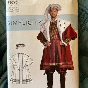 Simplicity S9096 Sewing Pattern 34-42 or 44-52 King Henry VIII mens Renaissance lined Coat Collar Hat 16th Century costume New UNCUT RenFest
