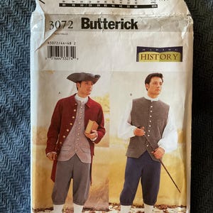 May include: Butterick pattern 3072 for historical men's costumes. The package shows two men in period clothing, including a red coat, vest, breeches, and tricorn hat. The text "MAKING HISTORY" is visible.