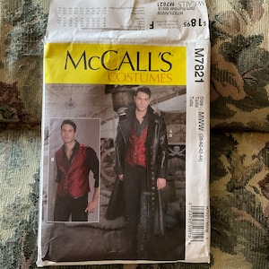 May include: McCall's Costumes sewing pattern for a men's costume. The pattern is for sizes MWW (38-40-42-44). The pattern includes a vest and a long coat. The pattern is illustrated with a model wearing the costume.