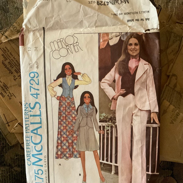 CLEARANCE McCalls 4729 Marlo Thomas Sewing Pattern Vintage 12 Bust 34 70s Partially Cut Marlo’s Corner Misses Junior jacket vest skirt pants