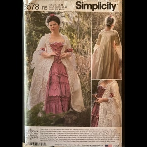 May include: Simplicity sewing pattern number 3578 for a 18th century gown. The pattern includes instructions for making a gown with a ruffled skirt and a lace trimmed jacket. The pattern is for sizes US 14-22, Euro 40-48, and French 42-50.