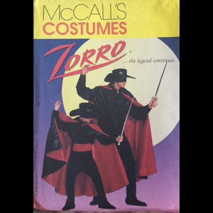 May include: McCall's Costumes Zorro sewing pattern featuring a red and black costume with a sword and mask. The legend continues.