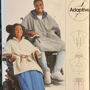May include: Simplicity sewing pattern S9671 for adaptive clothing. The pattern includes illustrations of a poncho and a wheelchair cover. The cover is blue and the poncho is gray. The pattern is designed for sizes S-L.