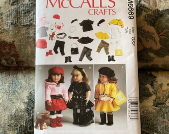 McCalls M6669 sewing pattern Paris 18” doll clothes Boots skirts top accessories Dog Backpack Hoodie pants Bag Jacket Hat Beret Parisian NEW