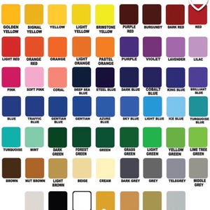 May include: A color chart for ORACAL 651 vinyl. The chart displays a variety of colors, including shades of yellow, red, blue, green, and metallic options. Each color is labeled with its name, such as "Golden Yellow" and "Dark Red."