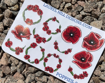 Glossy paper sticker sheet of poppies, 1.5", 12 per sheet, Planner week stickers, planner layout, planner stickers for week, month planner