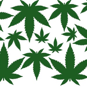 Sheet of 15 various sized marijuana decals, approx 8&quot; x 11.5&quot;, can be customized, many colors available, 4/20, 420, stocking stuffer