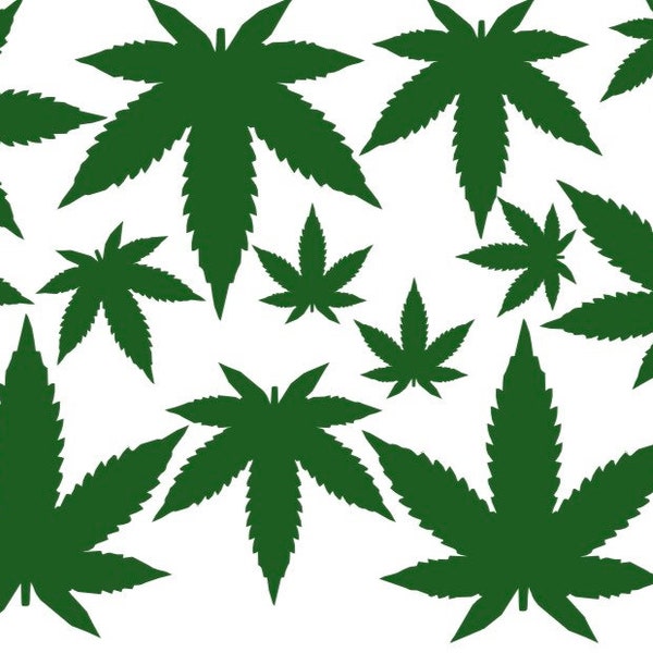 Sheet of 15 various sized marijuana decals, approx 8" x 5.5", can be customized, many colors available, 4/20, 420, stocking stuffer