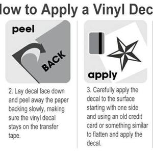 Pode incluir: Um guia de quatro etapas sobre como aplicar um adesivo de vinil. As etapas s&atilde;o: limpar, descascar, aplicar e remover. Cada etapa &eacute; ilustrada com um gr&aacute;fico simples e uma descri&ccedil;&atilde;o escrita.