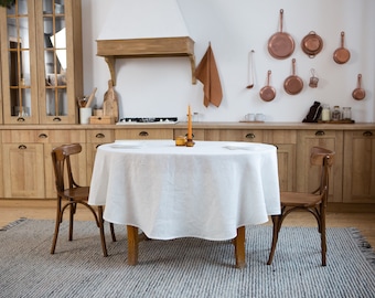 White linen table cloth. Organic round square rectangle table linens. Custom size dinning tablecloth in various colors.