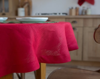 Red linen table cloth. Oval Round Square Rectangle table linens. Custom size dinning tablecloth in various colors.