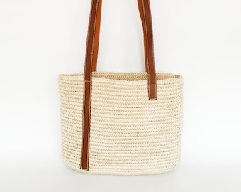 Palmette Raffia Crossbody bag with Leather straps, Straw Market Bag, Handmade summer bag, Basket Beach bag, Crochet Boho Shoulder bag