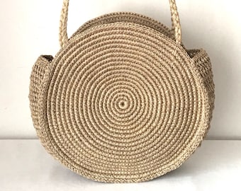 Handmade Round Raffia Shoulder Bag: Boho Market Bag