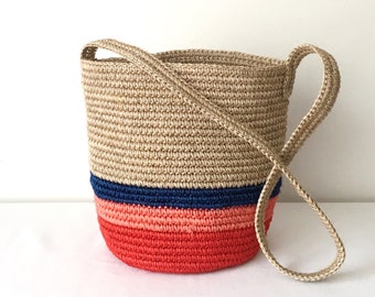 Natural Rainbow Straw Raffia Shoulder bag / Handwoven bucket bag / Handbag / Summer Tote /  Gifts for her / Handmade / Basket Beach bag