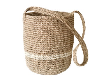 Natural Straw Raffia Bucket Bag, Market Shoulder Bag, Handmade summer bag, Basket Beach bag, Boho Handbag