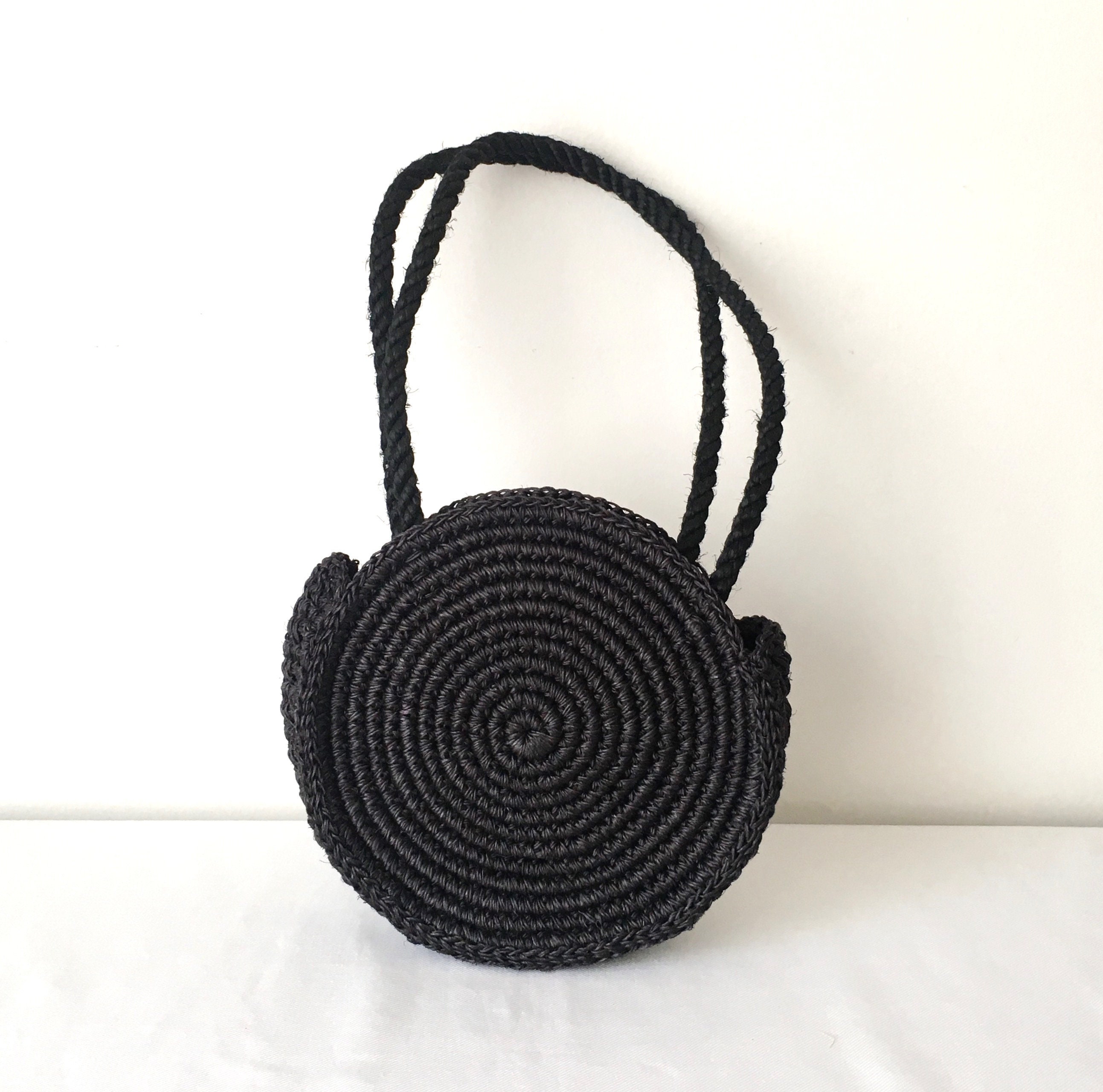 Mini Black Round Straw Raffia Handbag Market Shoulder Bag | Etsy