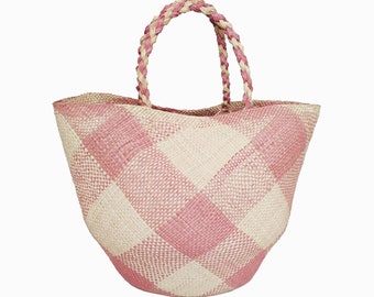 Cesta de palma de iraca rosa hecha a mano: bolso de playa bohemio