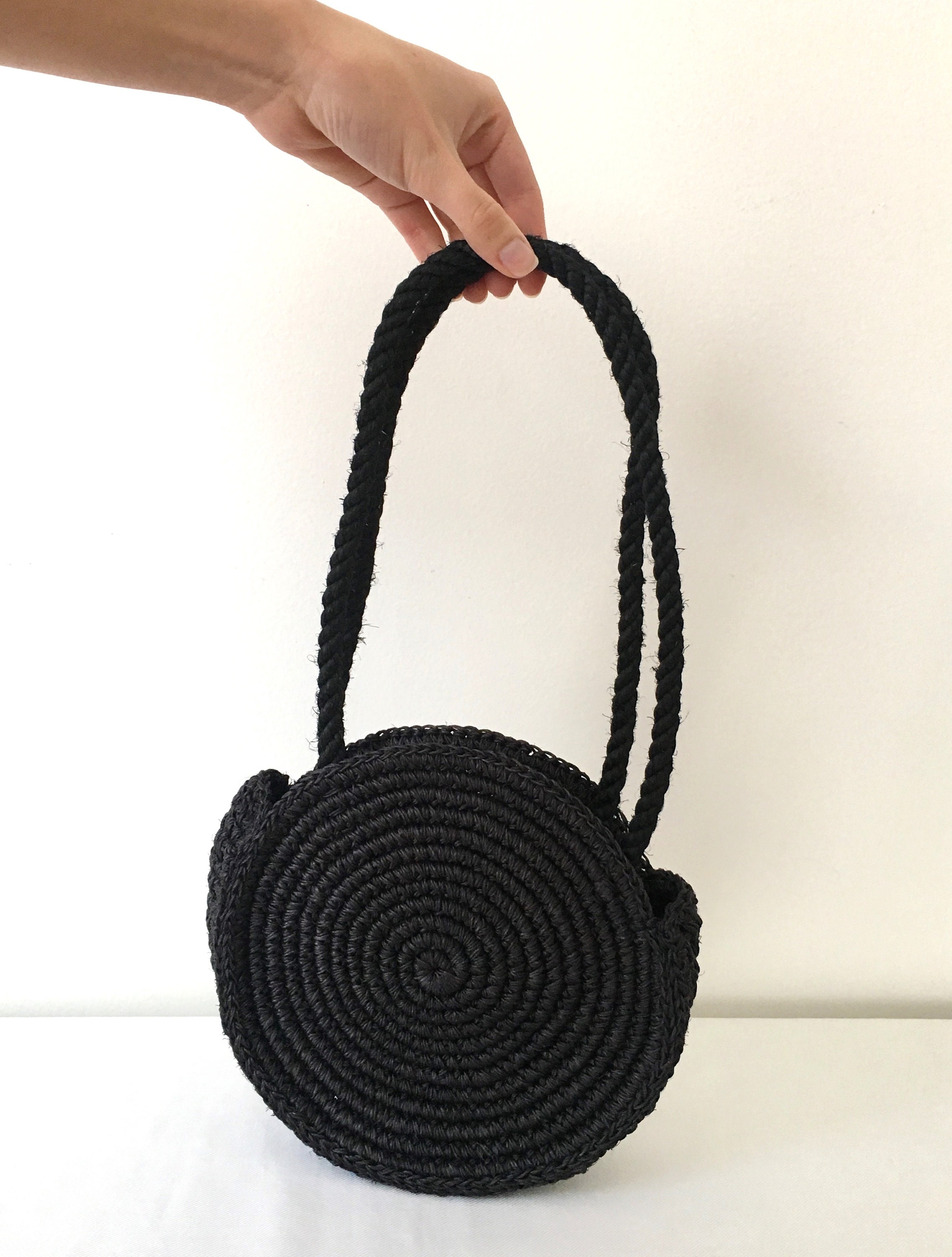 Mini Black Round Straw Raffia Handbag Market Shoulder Bag | Etsy