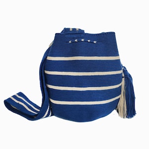 Striped Blue Wayuu Mochila bag / Crossbody bag / Market Tote / Handmade Summer bag / Beach bag / Woven Boho Handbag