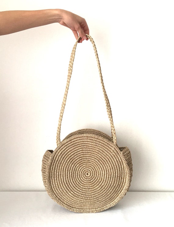 Natural Round Straw Raffia Shoulder Bag Market Bag Handmade 