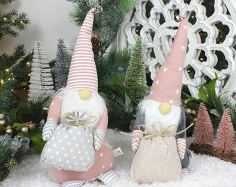 Fabric Santa with Sack In Stripy and Pink Hat Ornament