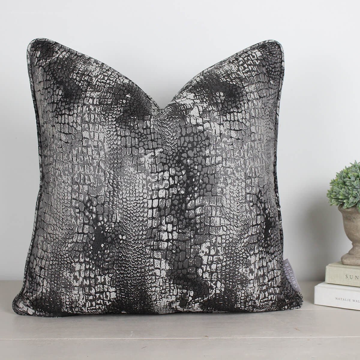 Serpentine Charcoal Grey Silver Snake Skin Animal Print Piped Cushion Cushion Cover 16 18 20 22