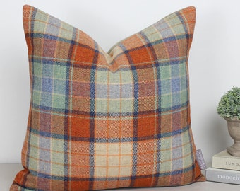 Lewis Paprika Orange Cream & Blue Check Tartan Wool Cushion / Cushion Cover 16" 18" 20" 22"
