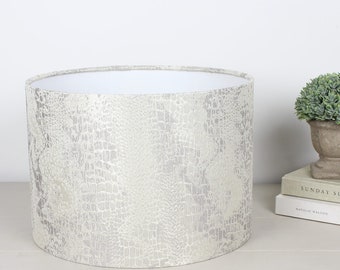 Serpentine Ivory White & Silver Faux Snakeskin Fabric Drum Lampshade