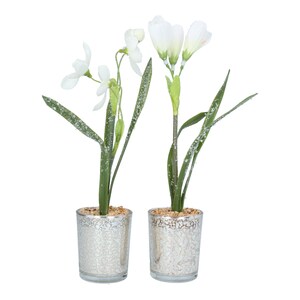 May include: Two white snowdrop flowers in silver pots with a frosted look. The flowers are in bloom and have green leaves.