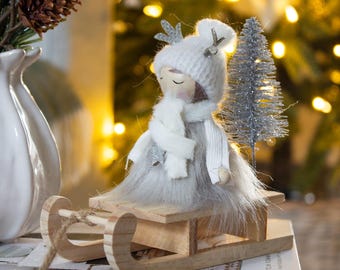 Wooden Girl On Sledge Ornament