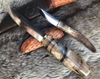 Custom puukko knife kit - 1 Million year old handle , bushcraft knife and neck knife kit - HF Survival School
