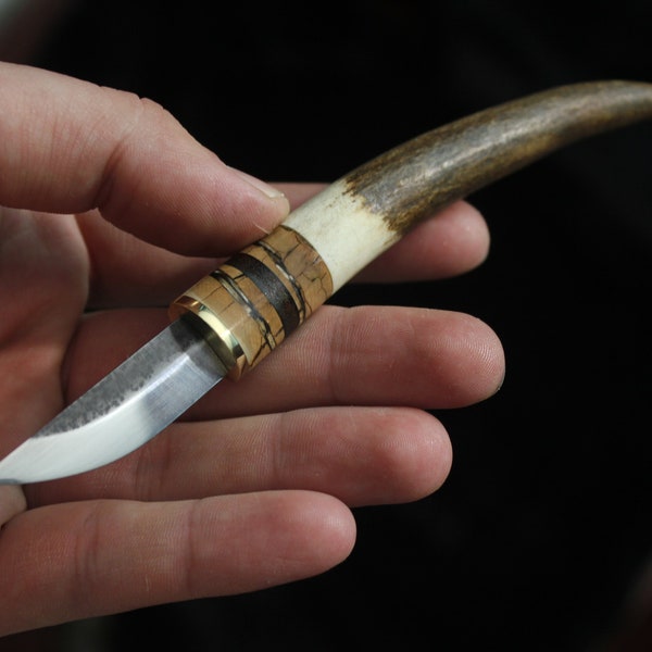 Neck Knife , Custom bushcraft knife , puukko , stabilized antler , reindeer antler , hunting , survival , gift - Bushcraftshop