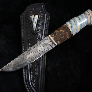 Mosaic Damascus Custom knife - Stabilized Handle , handmade knife , hunting knife , collector , hf survival school , collection knife