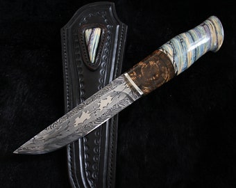 Mosaic Damascus Custom knife - Stabilized Handle , handmade knife , hunting knife , collector , hf survival school , collection knife