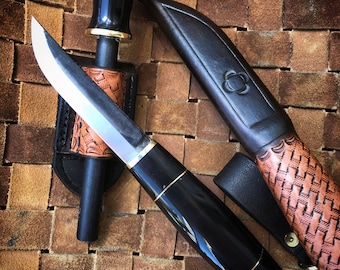 Puukko with Buffalo horn , bend bolsters , Custom puukko , hunting knife , handmade scandi knife , puuko , custom ferro rod , firesteel