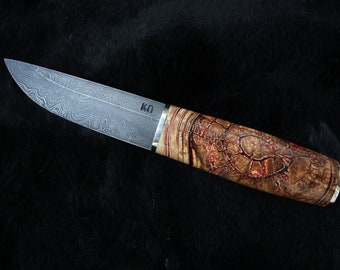 Custom Knife with Damascus blade and stabilized handle - puukko , hunting knife , bushcraft knife , collection , custom puukko , gift