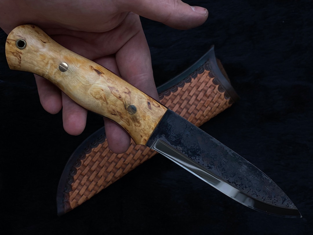 CUSTOM BUSHCRAFT KNIFE Handmade Woodlore Style Knife Scandi Grind Curly