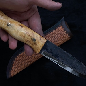 CUSTOM BUSHCRAFT KNIFE - Handmade woodlore style knife - Scandi grind curly birch knife