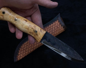 CUSTOM BUSHCRAFT KNIFE - Handmade woodlore style knife - Scandi grind curly birch knife