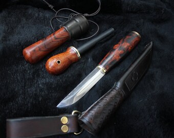 Custom Knife and Ferro Rod set , Handmade puukko with Desert Ironwood , Wooden Sheath , HF Survival School , bushcraft knife , Fire Starter