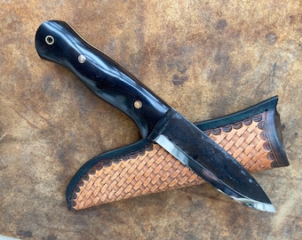 BEST BUSHCRAFT KNIFE - Custom handmade , survival , hunting knife, scandi grind , veg tan leather sheath , forged knife