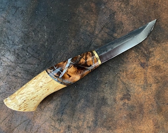 Handmade Puukko Knife: 50000 Year Old Bone Handle, Curly Birch & Walnut