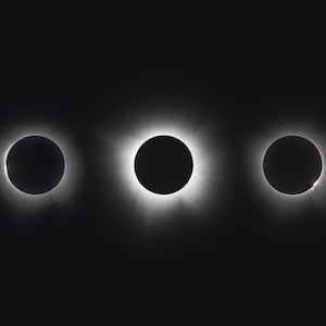 May include: A series of five images showing the progression of a solar eclipse. The sun is completely blocked by the moon in the third image, with the corona visible around the moon.