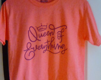 Youth medium t-shirt, queen of everything t-shirt, pink youth t-shirt, queen of everything youth t-shirt, pink t-shirt with purple letters